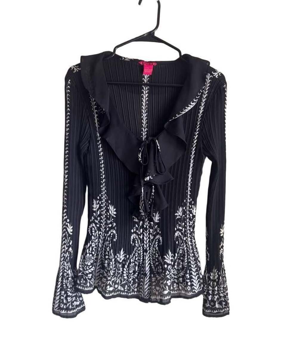 Sunny Leigh Long Sleeve Blouse Size XL Black White Ruffle Pleated